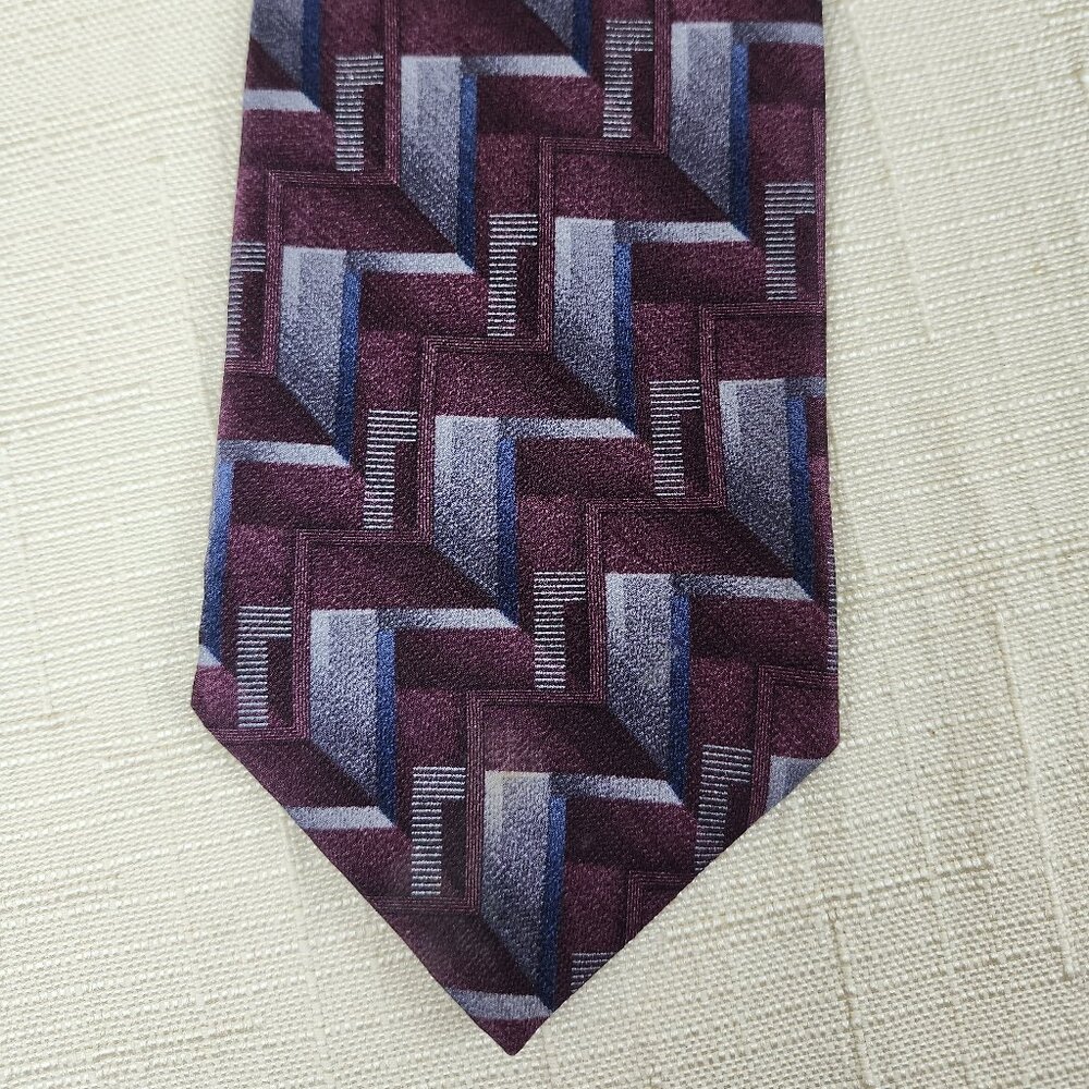 Vintage Stafford Pure Silk Geometric Necktie in Maroon, Gray, Silver & Blue